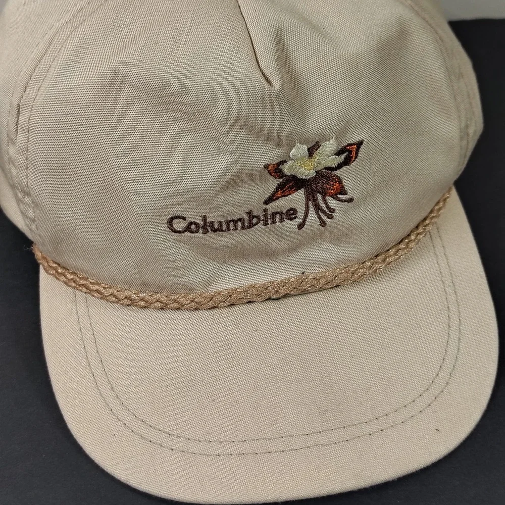 VINTAGE Imperial Headwear Hat Cap Strap Back Tan Columbine Flower Logo Mens